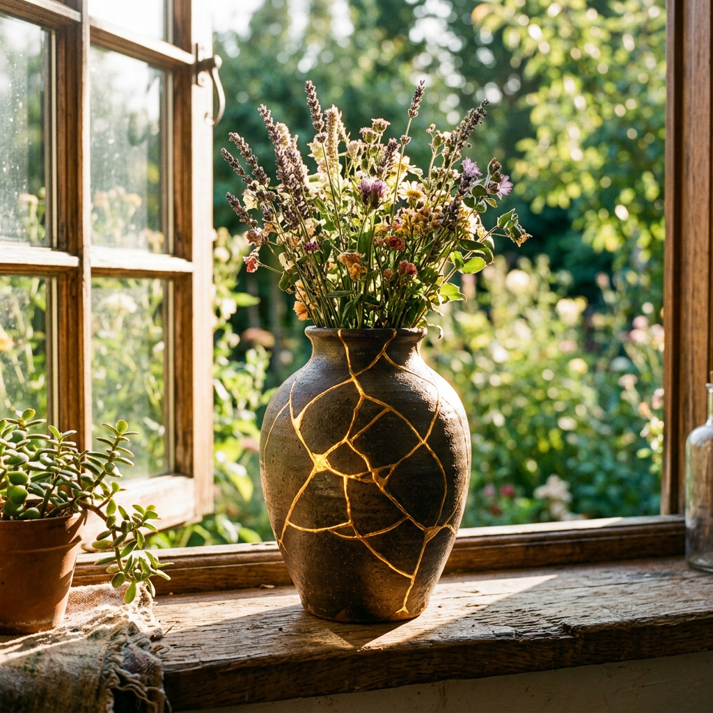 Ceramic vase repaired with gold cracks holding wildflowers on wooden windowsill with sunlight
