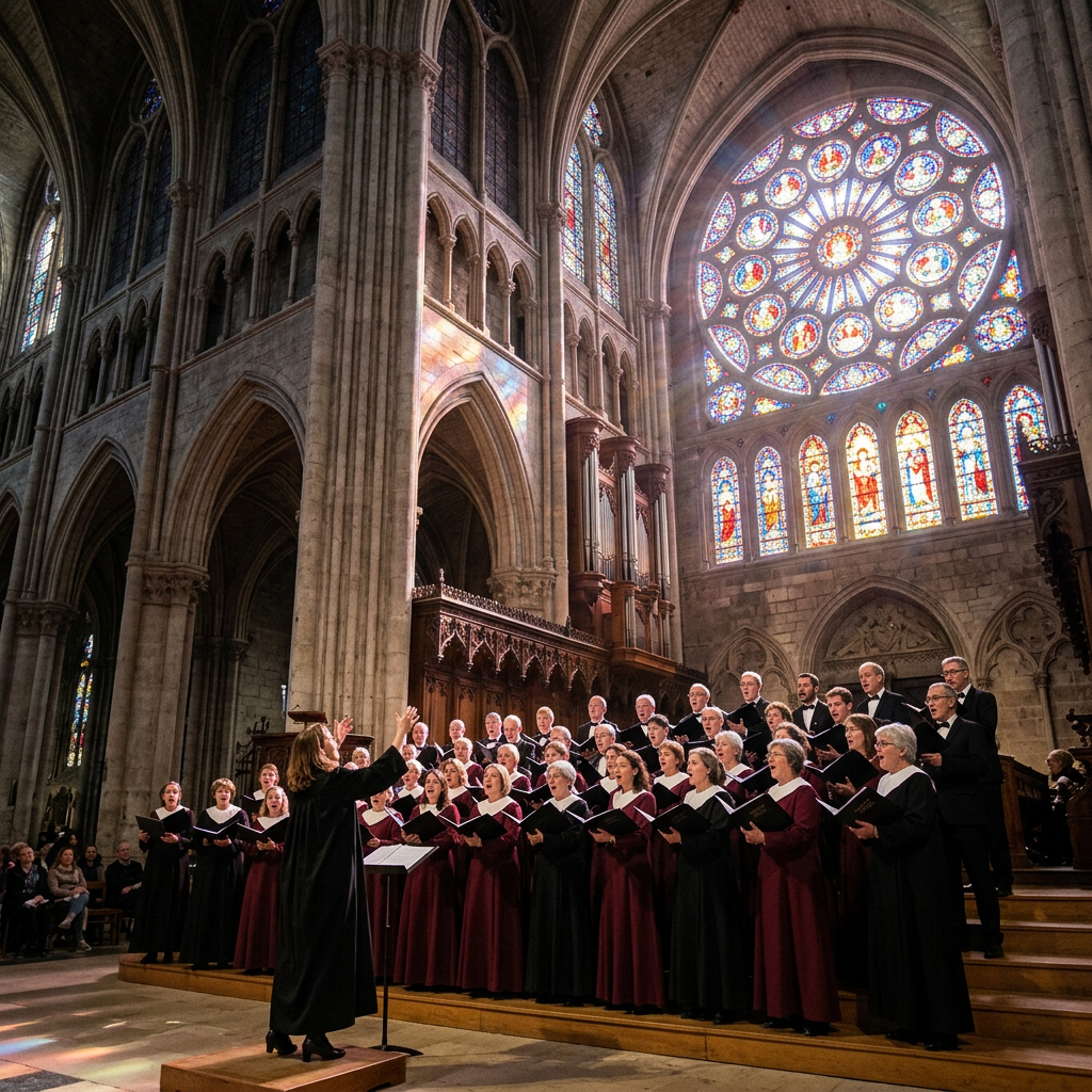 Choir singing in front of large stained glass windows inside a cathedral