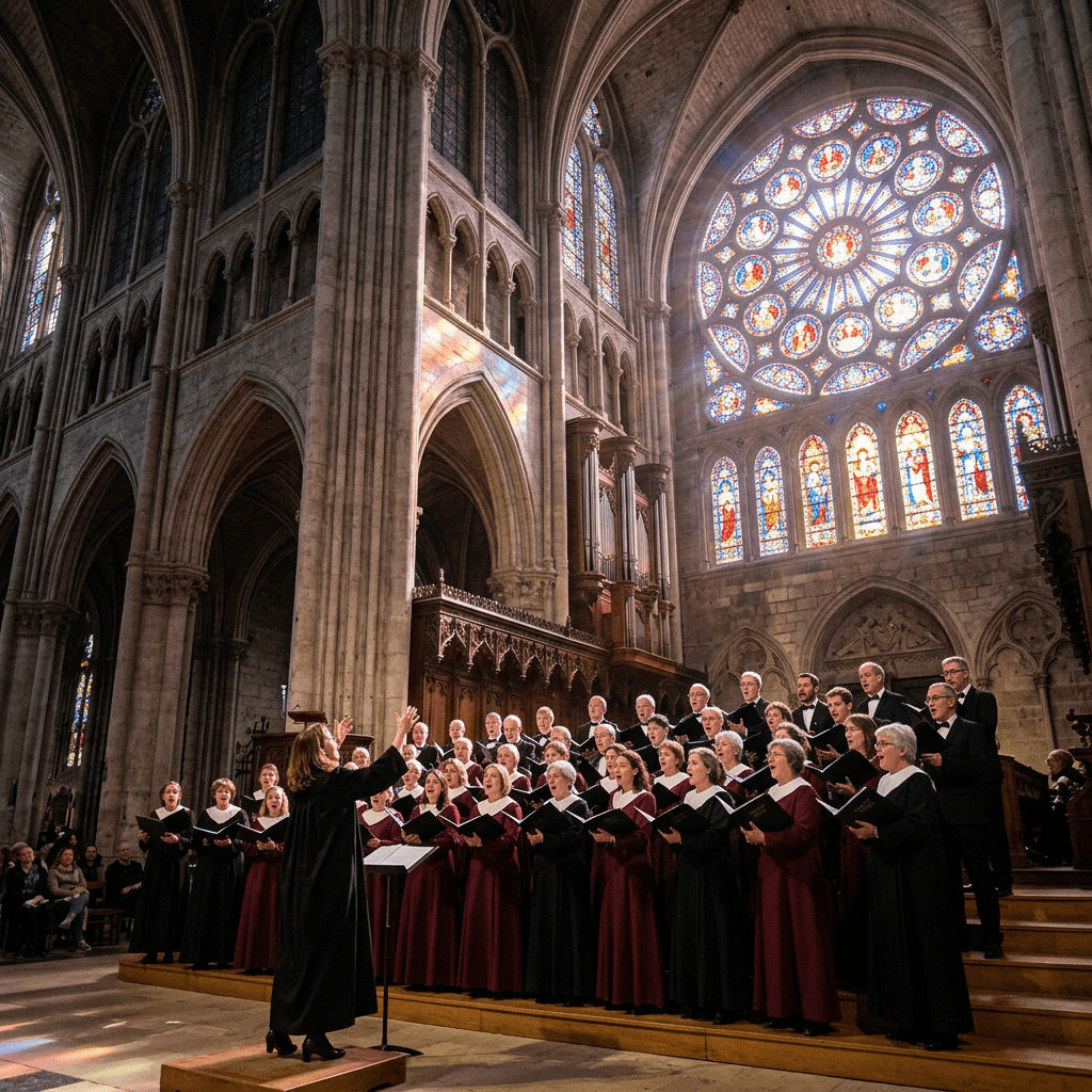 Choir singing in front of large stained glass windows inside a cathedral