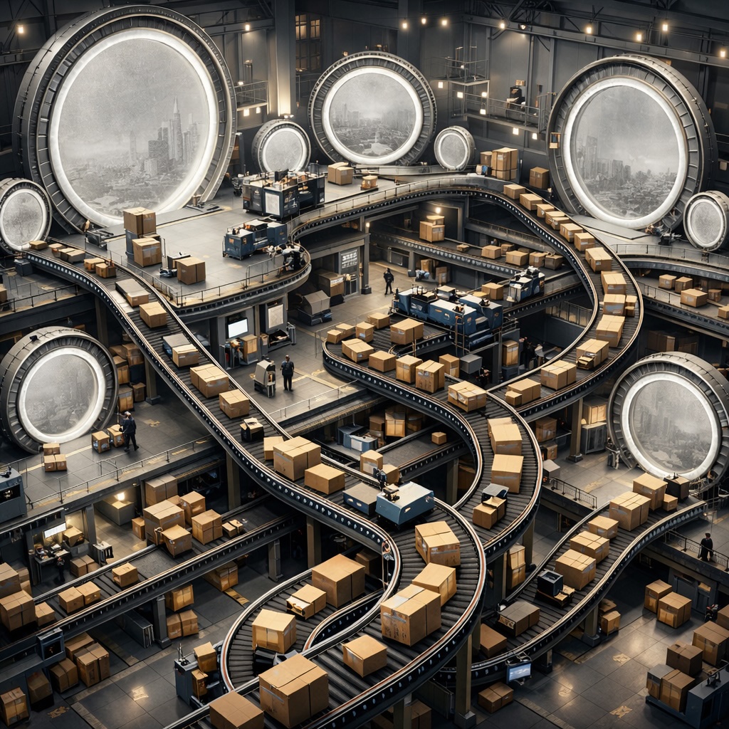 boxes containing cargo travel on conveyor belts between portals at a portal hub.